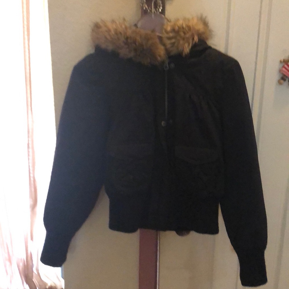 Old navy black bomber jacket fur lined hoodie SM